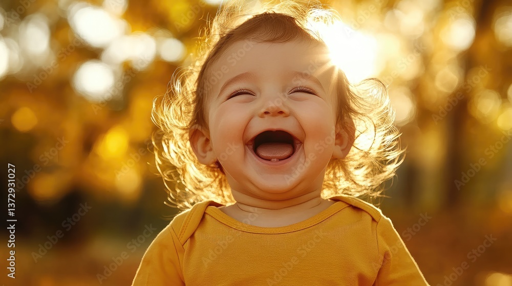 A baby chuckling with a big, gummy smile, sunlight creating a beautiful halo effect A baby chuckling with a big, gummy smile, sunlight creating a beautiful halo effect