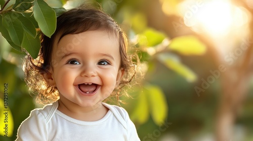A baby giggling in soft-focus sunlight, cheeks flushed with happiness