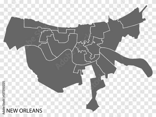 High Quality map of New Orleans is a city of USA, with borders of districts. Map of New Orleans for your web site design, app, UI. United States. EPS10.