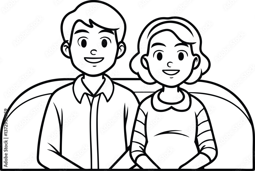 Cartoon Couple in Line Art, Smiling Man and Woman, Cute Outline Cartoon Couple in Line Art, Smiling Man and Woman, Cute Outline