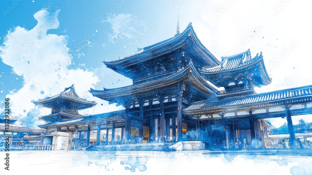 Artistic rendering of traditional japanese architecture in blue hues Artistic rendering of traditional japanese architecture in blue hues