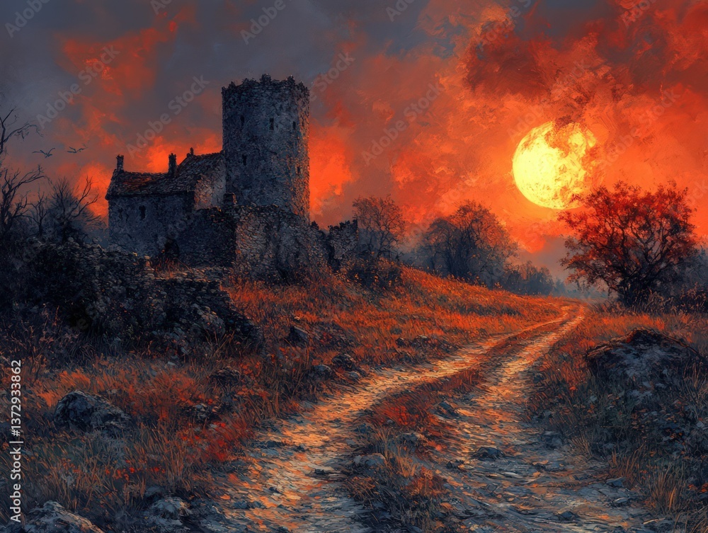 Fototapeta premium Rustic stone ruin path sunset fiery sky