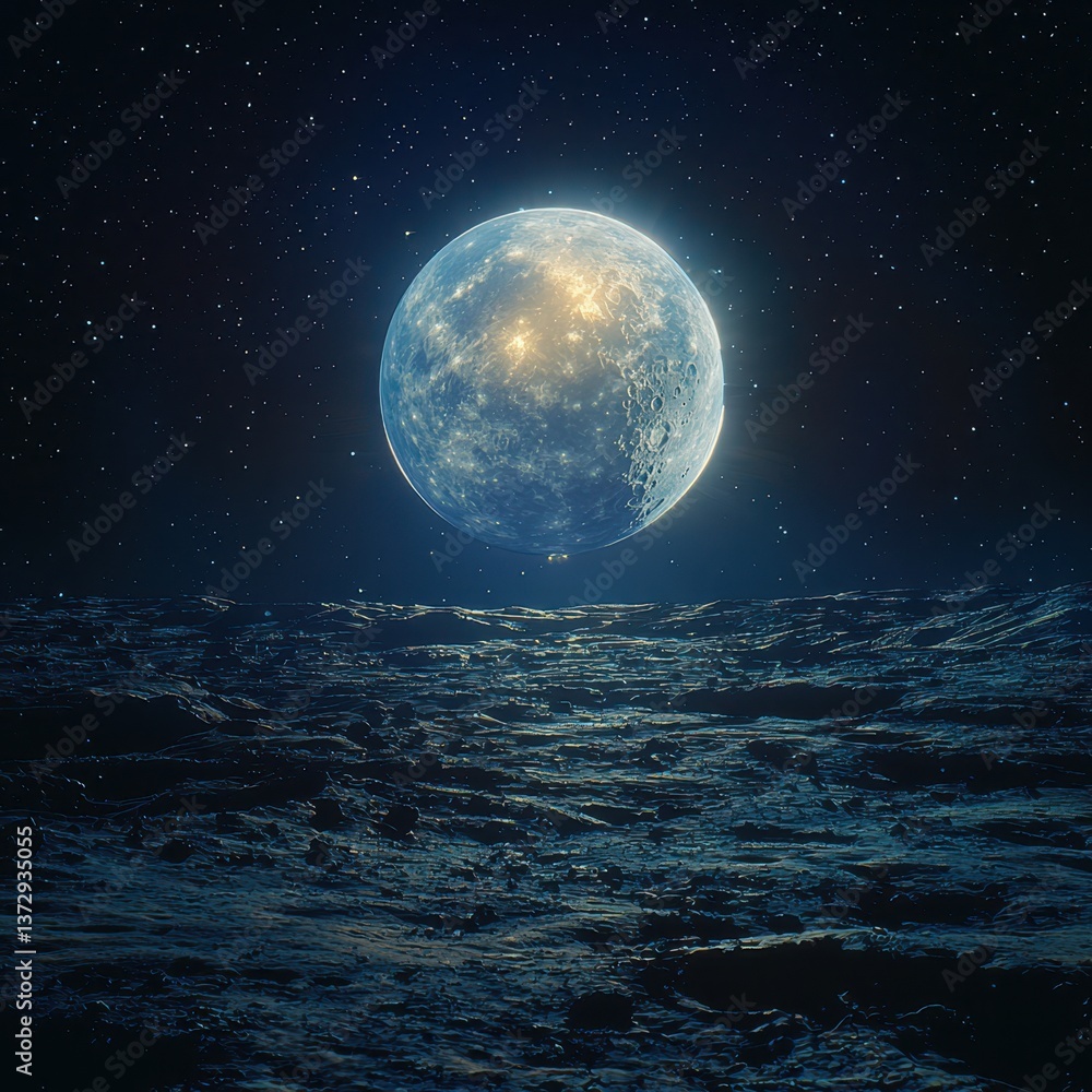 Naklejka premium Earthrise space concept. A luminous celestial body rises above a dark, textured surface, surrounded by a star-filled sky, creating a serene and otherworldly atmosphere.