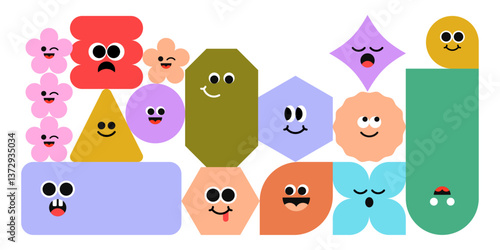 Banner with cartoon characters, geometric faces. Vector doodle elements. Festive and childish background.