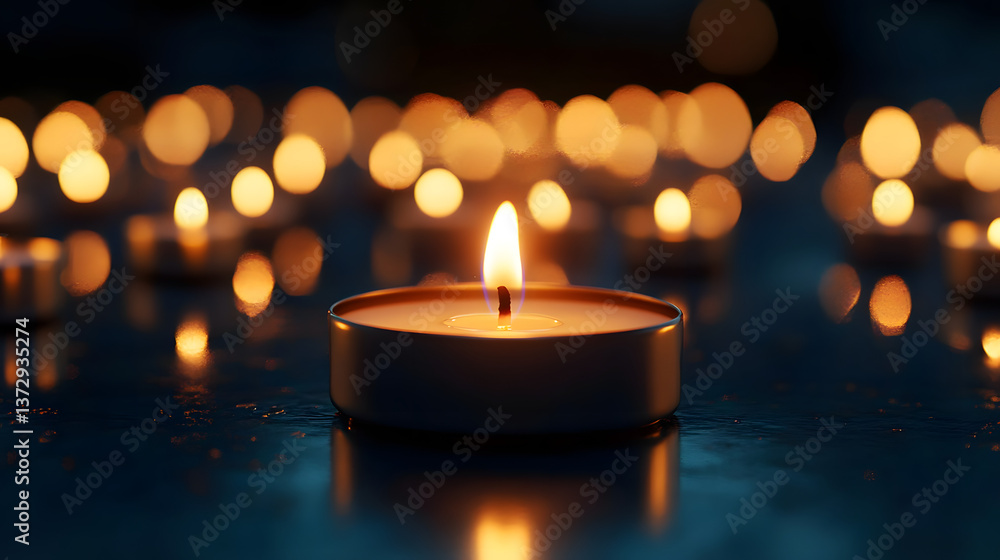 Beautiful warm candle flame glowing amidst an array of serene tealights creating a peaceful ambiance Beautiful warm candle flame glowing amidst an array of serene tealights creating a peaceful ambiance
