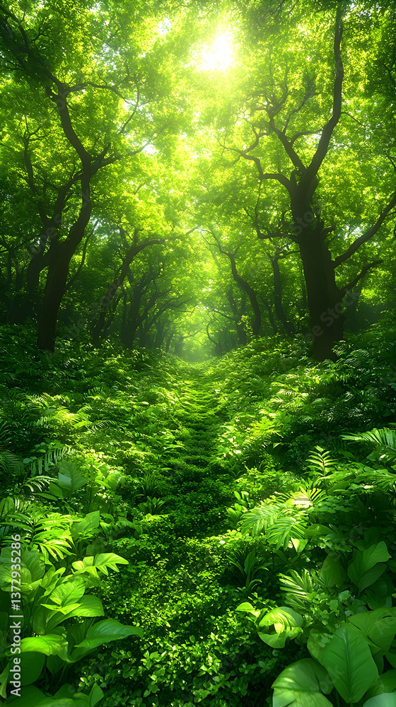 Obraz premium Sunlight filters through lush greenery in a tranquil forest scene highlighting path overgrown with ferns and trees