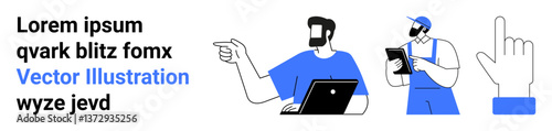 Man with laptop gesturing towards direction, worker holding clipboard, hand clicking interface element. Ideal for teamwork, productivity, technology, task management, decision making, workflow flat