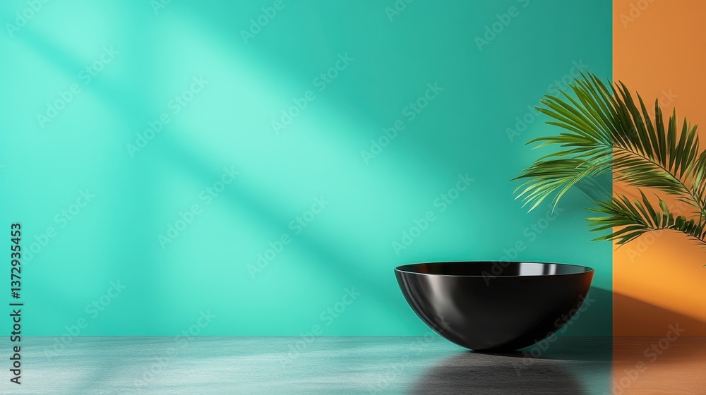 The image features a classic black bowl contrasted against a dual-color wall and lush tropical foliage, highlighting the blend of nature and modern design for an inviting atmosphere. The image features a classic black bowl contrasted against a dual-color wall and lush tropical foliage, highlighting the blend of nature and modern design for an inviting atmosphere.