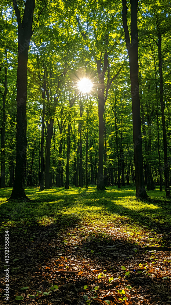 Obraz premium Sunlight streams through the forest canopy illuminating the lush green foliage and casting shadows on the forest floor