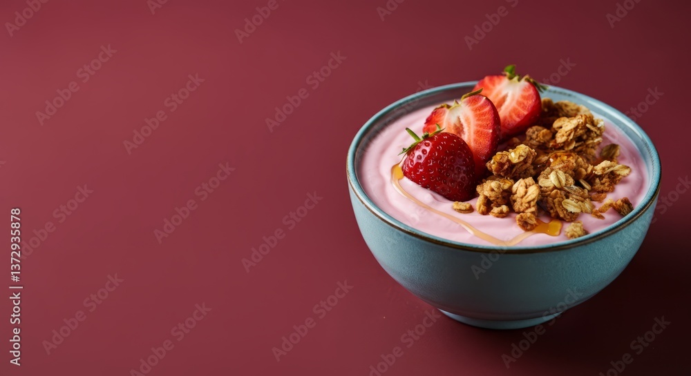 Strawberry yogurt with granola and fresh strawberries in blue bowl on red background Strawberry yogurt with granola and fresh strawberries in blue bowl on red background