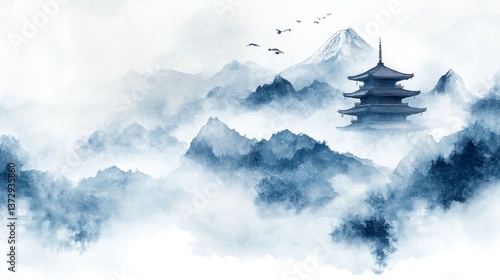 Ink wash painting showing mountains pagoda and flock of birds