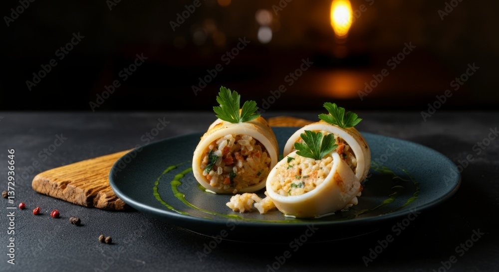 Stuffed squid calamari with rice and herbs on black plate in dimly lit setting Stuffed squid calamari with rice and herbs on black plate in dimly lit setting