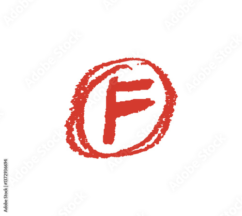 School grade F drawn with a crayon, chalk or pastel texture. Hand-drawn red mark in rough circle, resembling teacher's grading on student assignments. Vector illustration drawn by charcoal