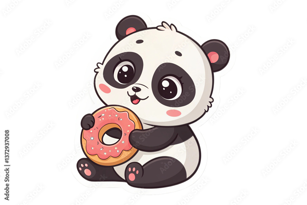 Fototapeta premium Sticker template with cute baby Panda with Donut isolated on transparent background - generated by ai