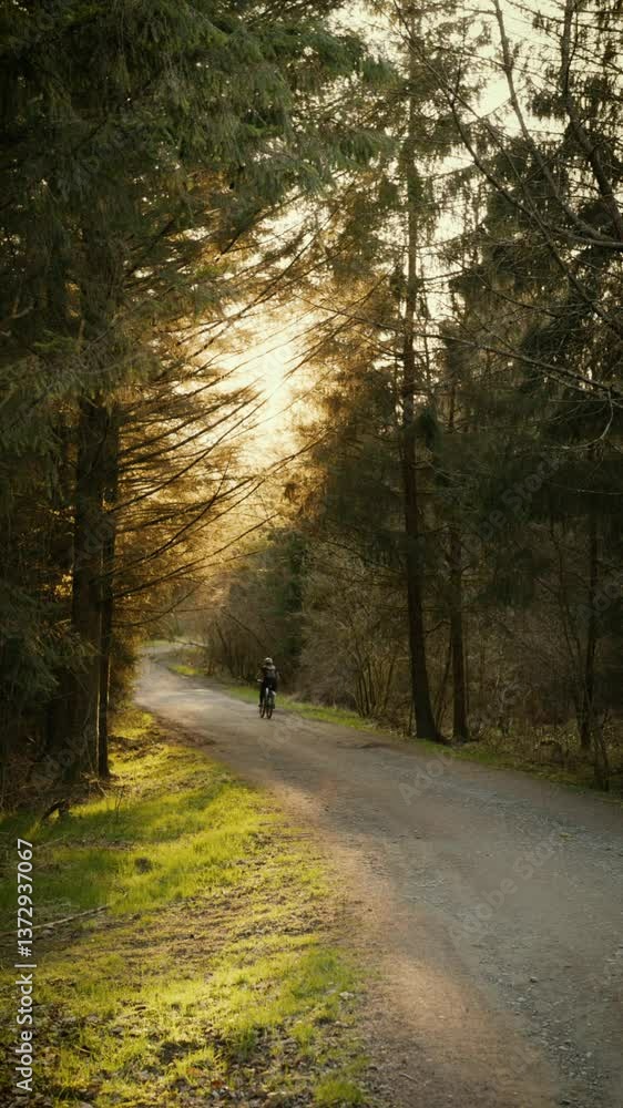 Rear view of a person cycling on a forest path during golden hour. Warm sunlight shines through tall trees, creating a peaceful and cinematic nature scene. Ideal for themes of freedom, solitude, activ Rear view of a person cycling on a forest path during golden hour. Warm sunlight shines through tall trees, creating a peaceful and cinematic nature scene. Ideal for themes of freedom, solitude, activ