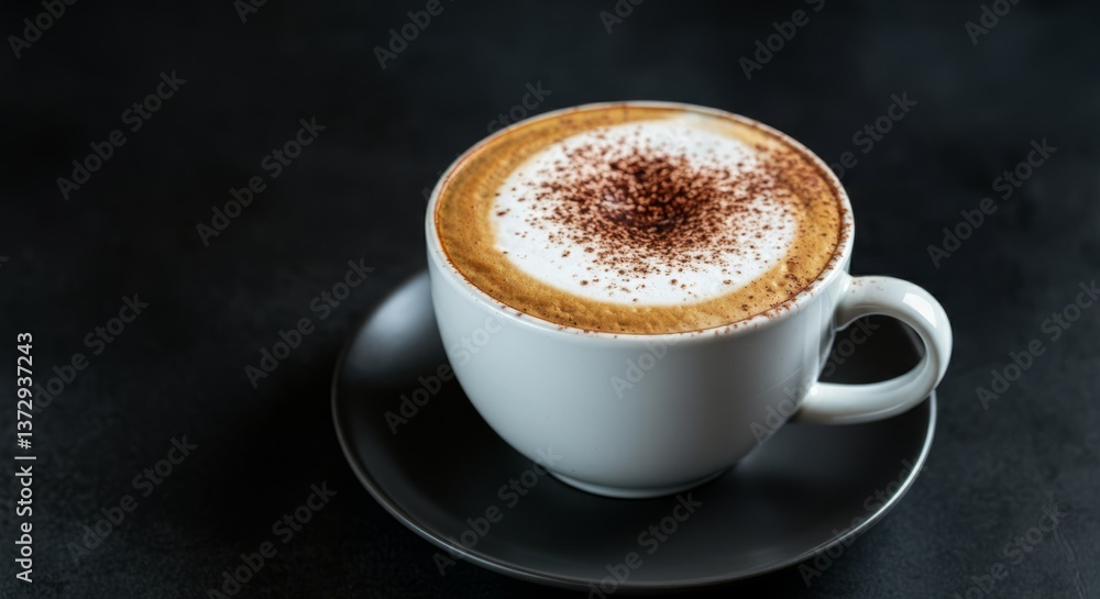 Foamy cappuccino in white cup with cocoa dusting on dark background Foamy cappuccino in white cup with cocoa dusting on dark background