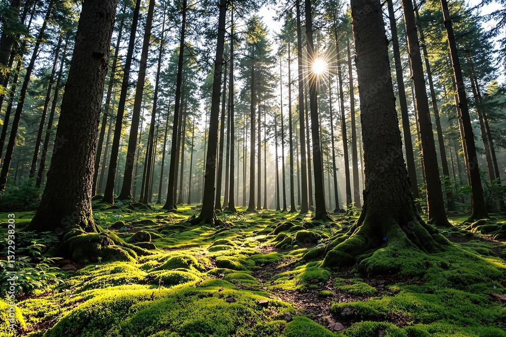 Obraz premium Dense pine forest with sunlight streaming through trees, casting shadows on vibrant green moss-covered ground. Peaceful nature background. Ai generative