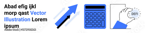 Blue upward arrows symbolizing growth, calculator for financial computation, hand holding DEFI token for decentralized finance. Ideal for technology, finance, crypto, blockchain, trading, growth