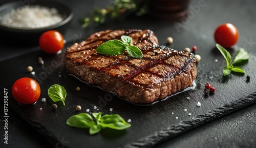 Perfectly grilled steak on a slate board, garnished with fresh herbs and cherry tomatoes