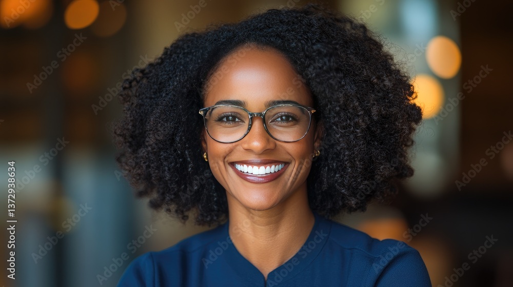 Smiling Professional Woman with Curly Hair and Glasses in Office Setting Smiling Professional Woman with Curly Hair and Glasses in Office Setting