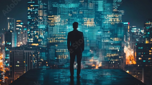 A man in a suit looks out at a digital cityscape with glowing lights at night from a high vantage point