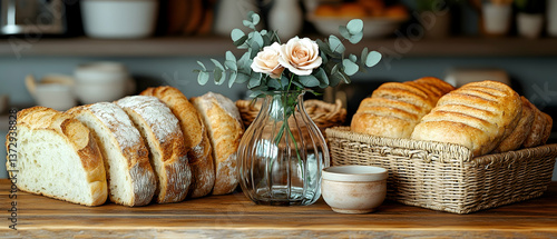 Wallpaper Mural Slices of Crusty Bread with Roses and Eucalyptus Arranged on Wooden Table in Rustic Kitchen with Ambient Light Torontodigital.ca