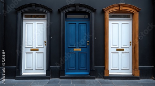 A stylish row of three ornate front doors against a dark wall. Two white doors with black and wooden frames flank a bold blue door, creating a balanced and elegant look—perfect for themes of choice, c