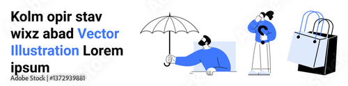 Man sitting under umbrella, woman holding question mark, and shopping bag. Ideal for shopping, questions, problem-solving, leisure, curiosity retail consumer behavior. Flat landing page banner