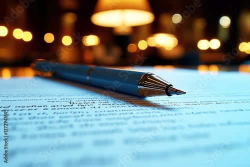 Close-up exploration of typed essay text revealing intricate details and reflections of a warm ambiance