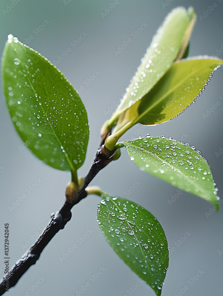 Vivid closeup of fresh green leaves with droplets of water clinging to them sprouting from a small branch Vivid closeup of fresh green leaves with droplets of water clinging to them sprouting from a small branch