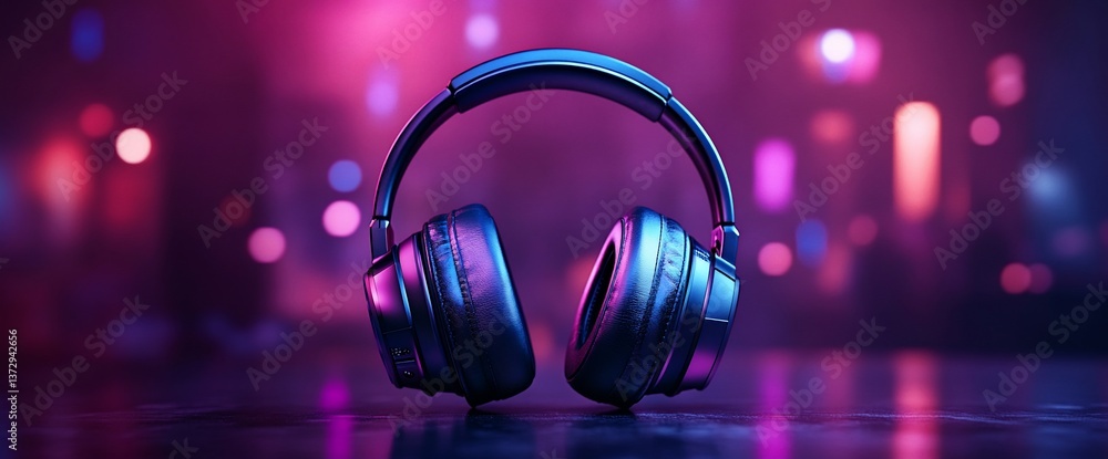 Headphones illuminated with neon lights provide an immersive audio experience Headphones illuminated with neon lights provide an immersive audio experience