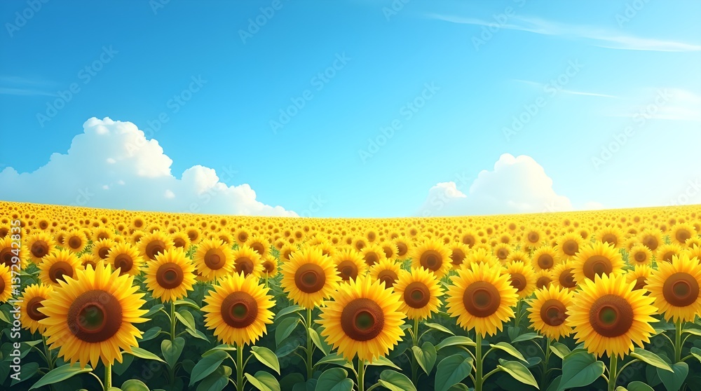 Obraz premium a golden sunflower field stretching endlessly under a vibrant blue sky, with the flowers gently swaying in the warm summer breeze.