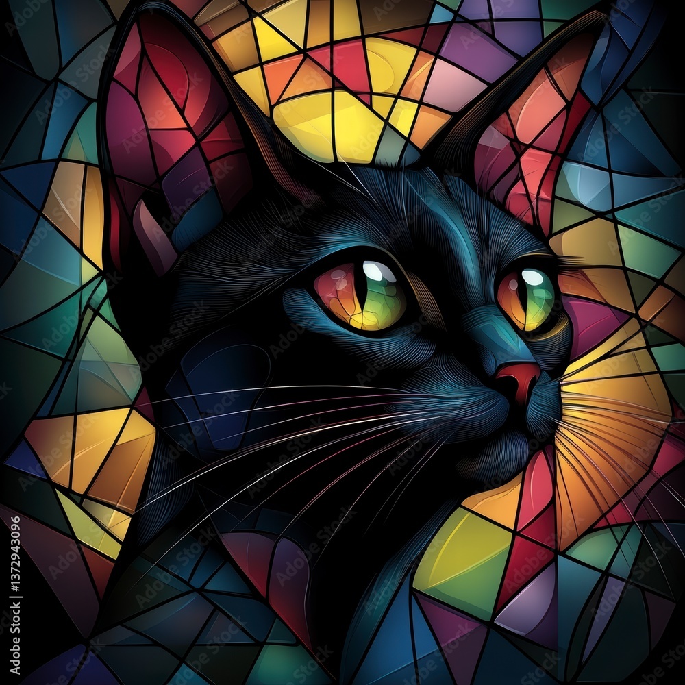 Fototapeta premium A vibrant, artistic portrayal of a black cat's face with colorful, stained glass-like patterns surrounding it.