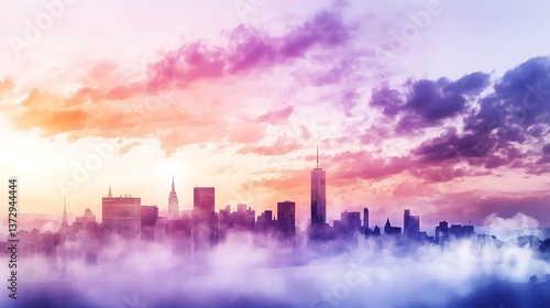 Sunrise over new york city skyline urban landscape digital art cloudy atmosphere panoramic view