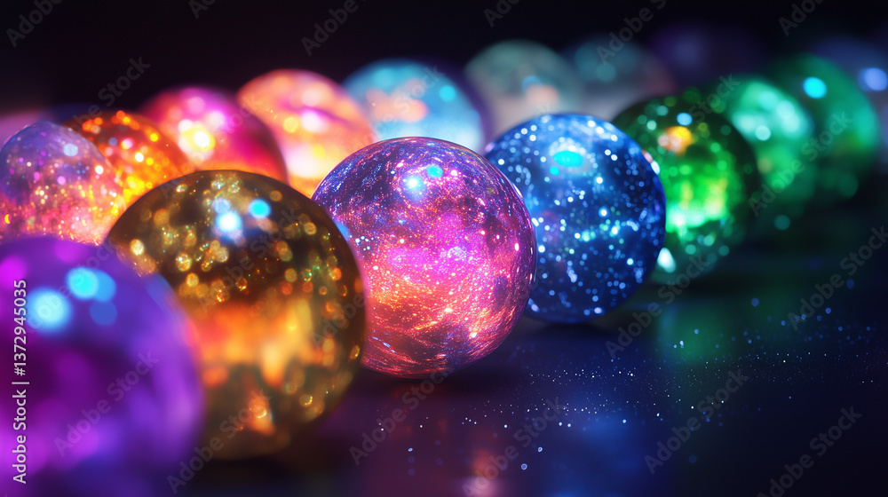 Macro shot of a parade of planets glowing with vibrant auroras, their atmospheres blending together in a colorful display. Macro shot of a parade of planets glowing with vibrant auroras, their atmospheres blending together in a colorful display.