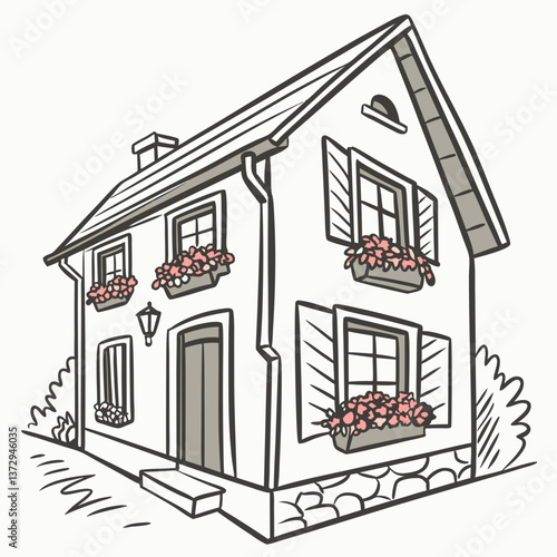 Charming illustration of a cozy house with flower boxes and a welcoming entrance
