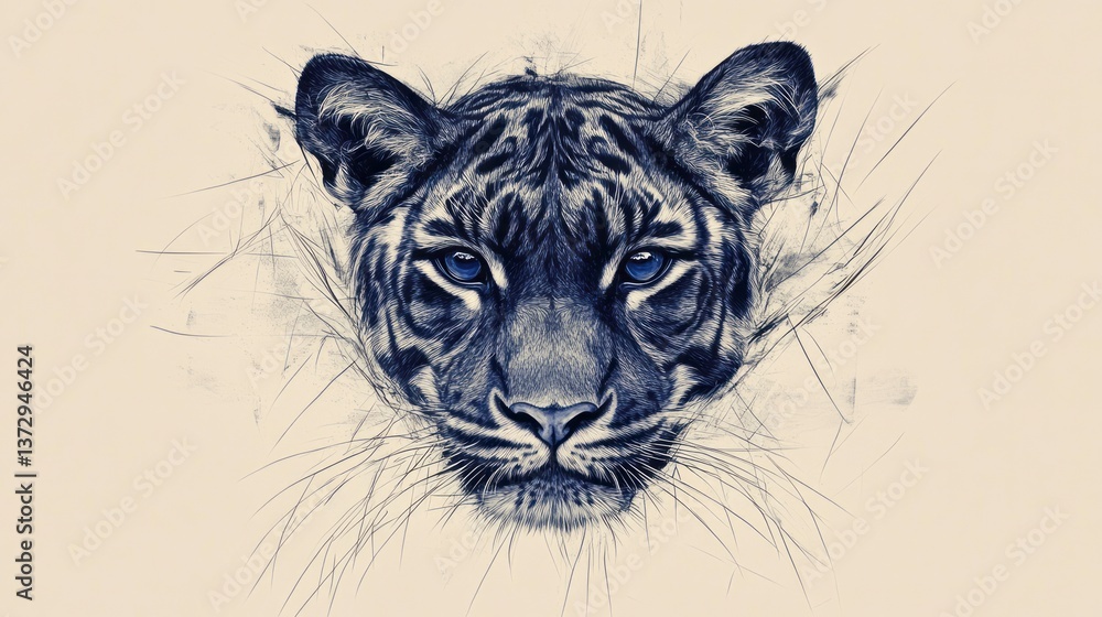 Obraz premium Striking tiger portrait shows piercing blue eyes in artistic rendition
