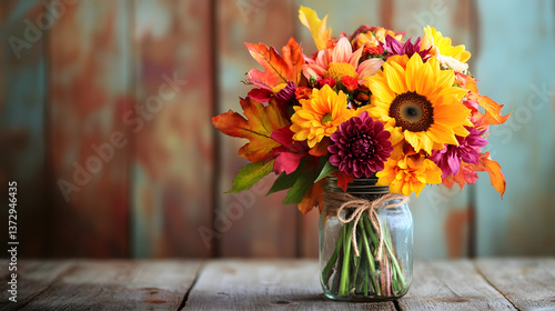 Wallpaper Mural A colorful autumn bouquet of sunflowers, dahlias, and maple leaves, arranged in a mason jar with a rustic twine bow, placed on a wooden table. Torontodigital.ca