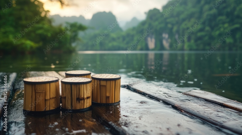 A compact, portable bamboo table and stools arranged on a lakeside pier, with calm waters reflecting the surrounding forest and a light drizzle creating ripples on the surface. A compact, portable bamboo table and stools arranged on a lakeside pier, with calm waters reflecting the surrounding forest and a light drizzle creating ripples on the surface.