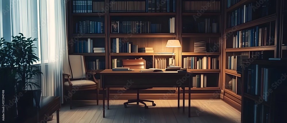 A quiet study space with a desk, chair, bookshelf, and lamp A quiet study space with a desk, chair, bookshelf, and lamp
