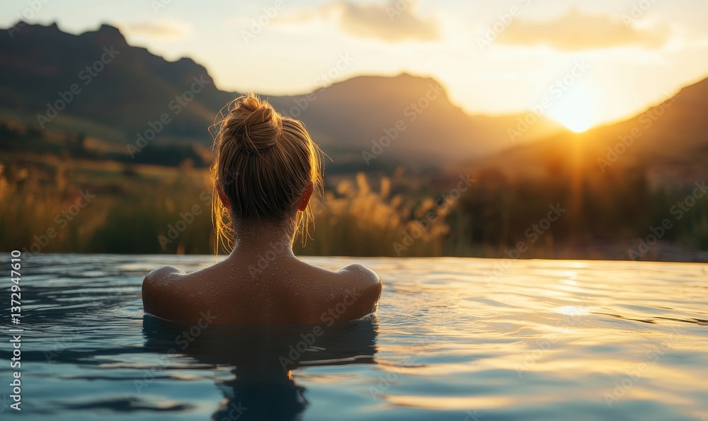 Woman relaxing in infinity pool with mountain view during sunset enjoying the serene landscape Woman relaxing in infinity pool with mountain view during sunset enjoying the serene landscape