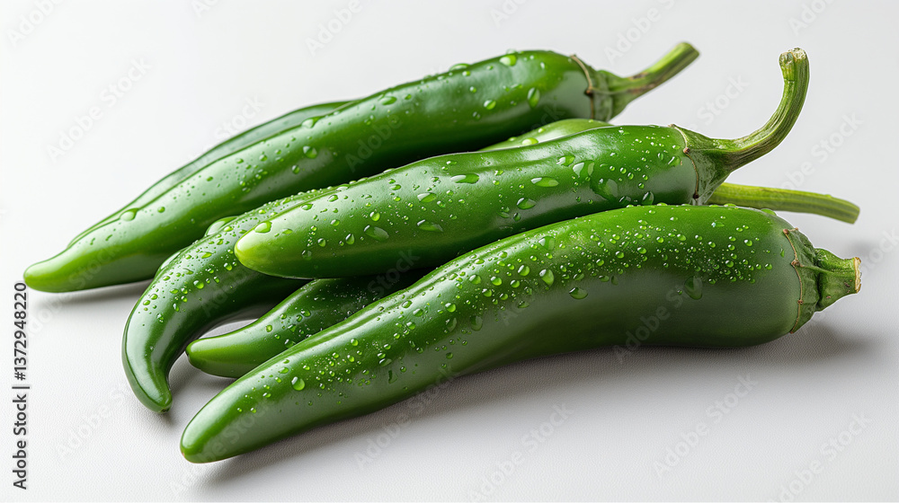 Fresh Jalapeños with Water Droplets – Crisp Green Chili Peppers on White Background Fresh Jalapeños with Water Droplets – Crisp Green Chili Peppers on White Background