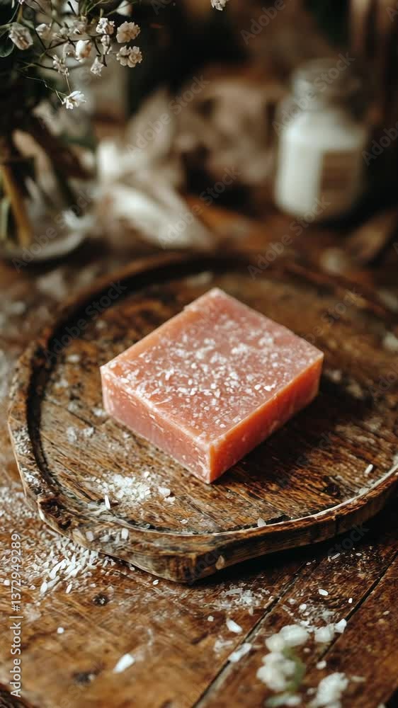 Natural handmade soap on a rustic wooden tray with scattered sea salt and soft lighting Natural handmade soap on a rustic wooden tray with scattered sea salt and soft lighting