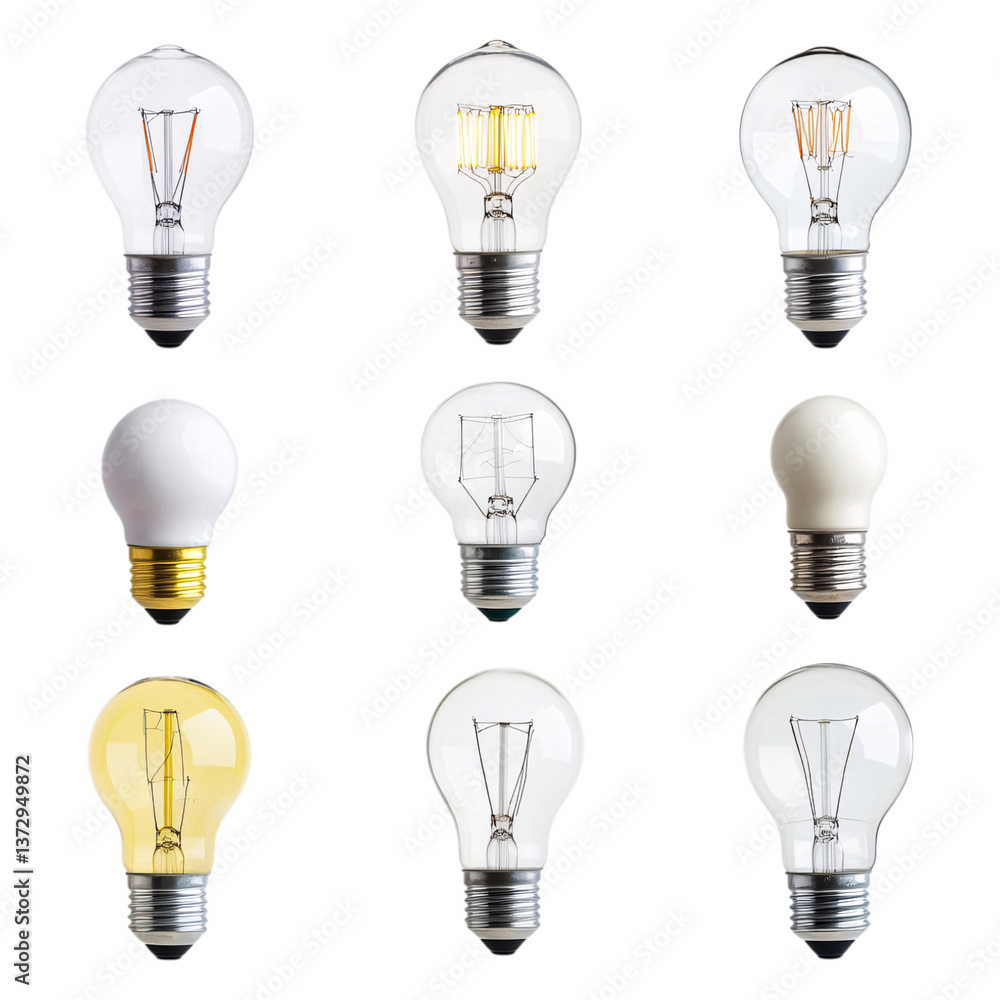 Set of a Showcasing Unique Light Bulb Designs Evolution of Lighting Technology on Transparent Background Set of a Showcasing Unique Light Bulb Designs Evolution of Lighting Technology on Transparent Background