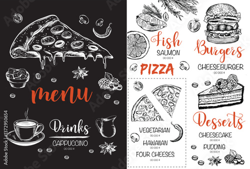 Vintage Restaurant Menu with Food and Drinks Illustrations
