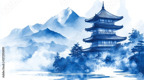 Watercolor painting depicts a pagoda among mountains and trees