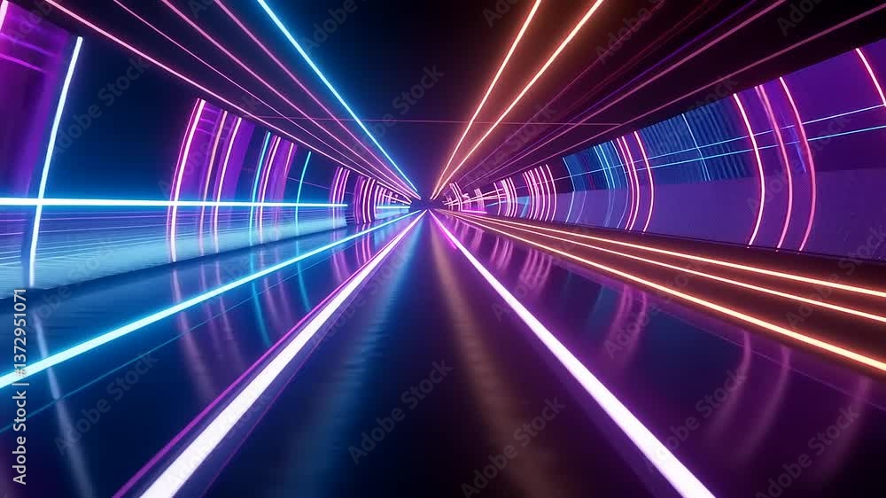 Futuristic neon-lit tunnel with vibrant colors and reflections, suggesting a high-speed journey Futuristic neon-lit tunnel with vibrant colors and reflections, suggesting a high-speed journey