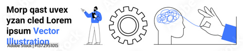 Man pointing at clipboard, gear icon symbolizing mechanism, hand untangling line in brain for clarity. Ideal for innovation, teamwork, analysis, creativity, mental health, learning simple landing