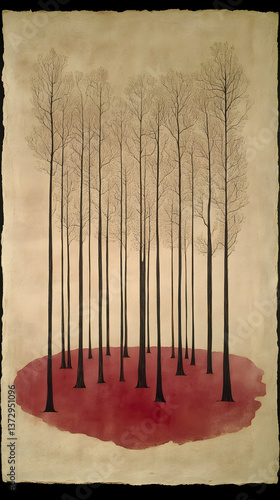 Trees without leaves rise from a red base on beige paper Depicts an abstract forest landscape long trunks reaching sky