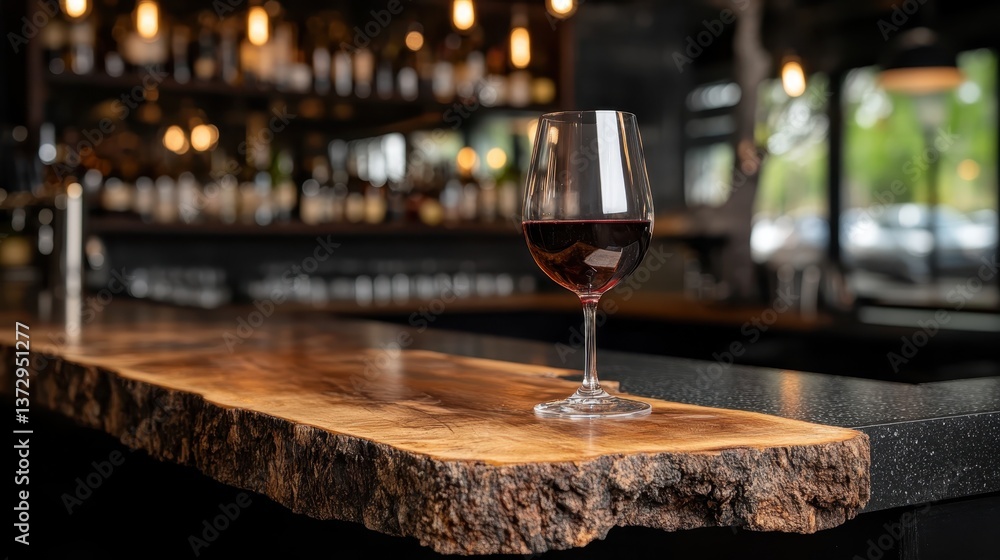 An elegant image of a red wine glass positioned atop a rustic wooden bar counter, reflecting ambient lighting, perfect for aesthetic, social, and dining themes in stock photography. An elegant image of a red wine glass positioned atop a rustic wooden bar counter, reflecting ambient lighting, perfect for aesthetic, social, and dining themes in stock photography.